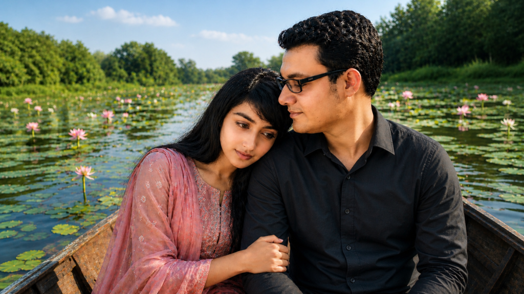 A modest young couple sitting on a small boat in a calm river, sharing a quiet romantic moment inspired by Laboni