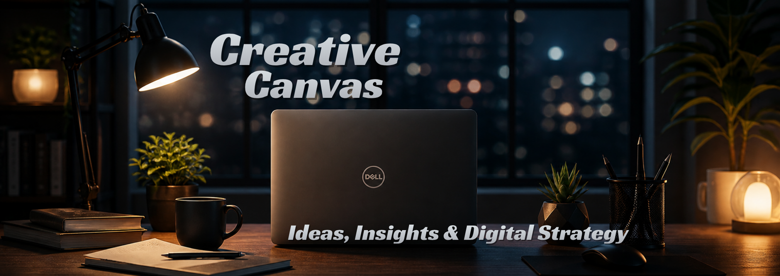 Creative workspace with laptop at night for digital ideas and innovation