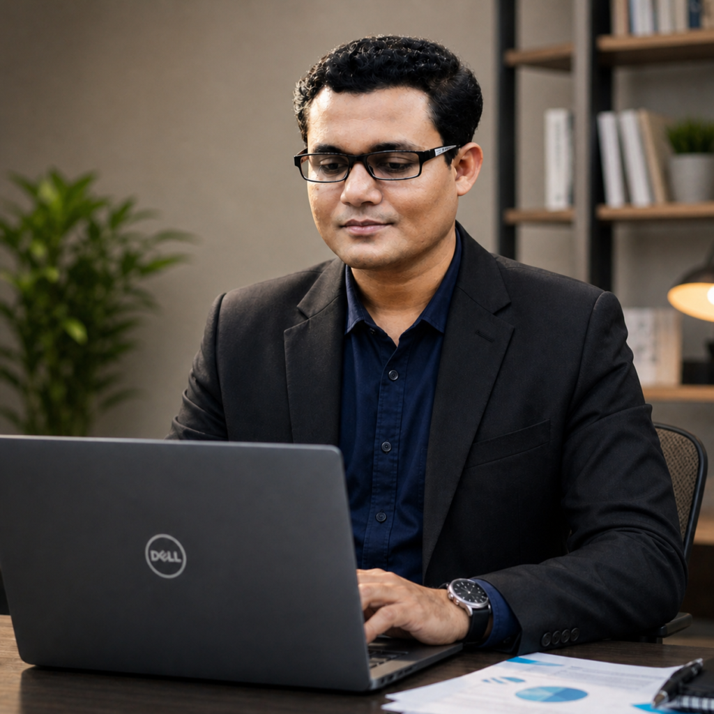 S M Maniruzzman content writer and digital marketing strategist working on a laptop in a professional setting