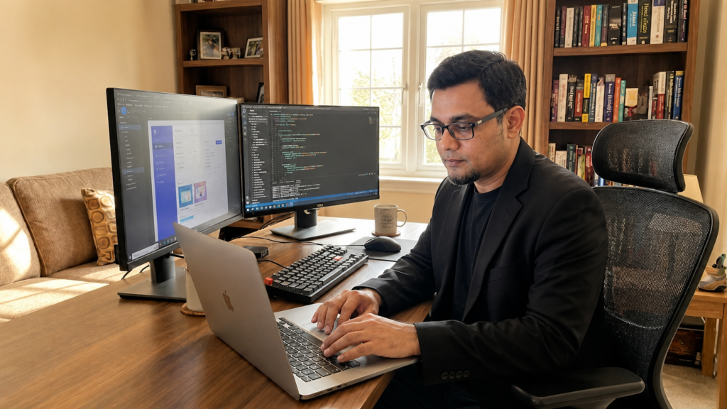 S. M. Maniruzzman working at a home office desk on digital marketing and website development