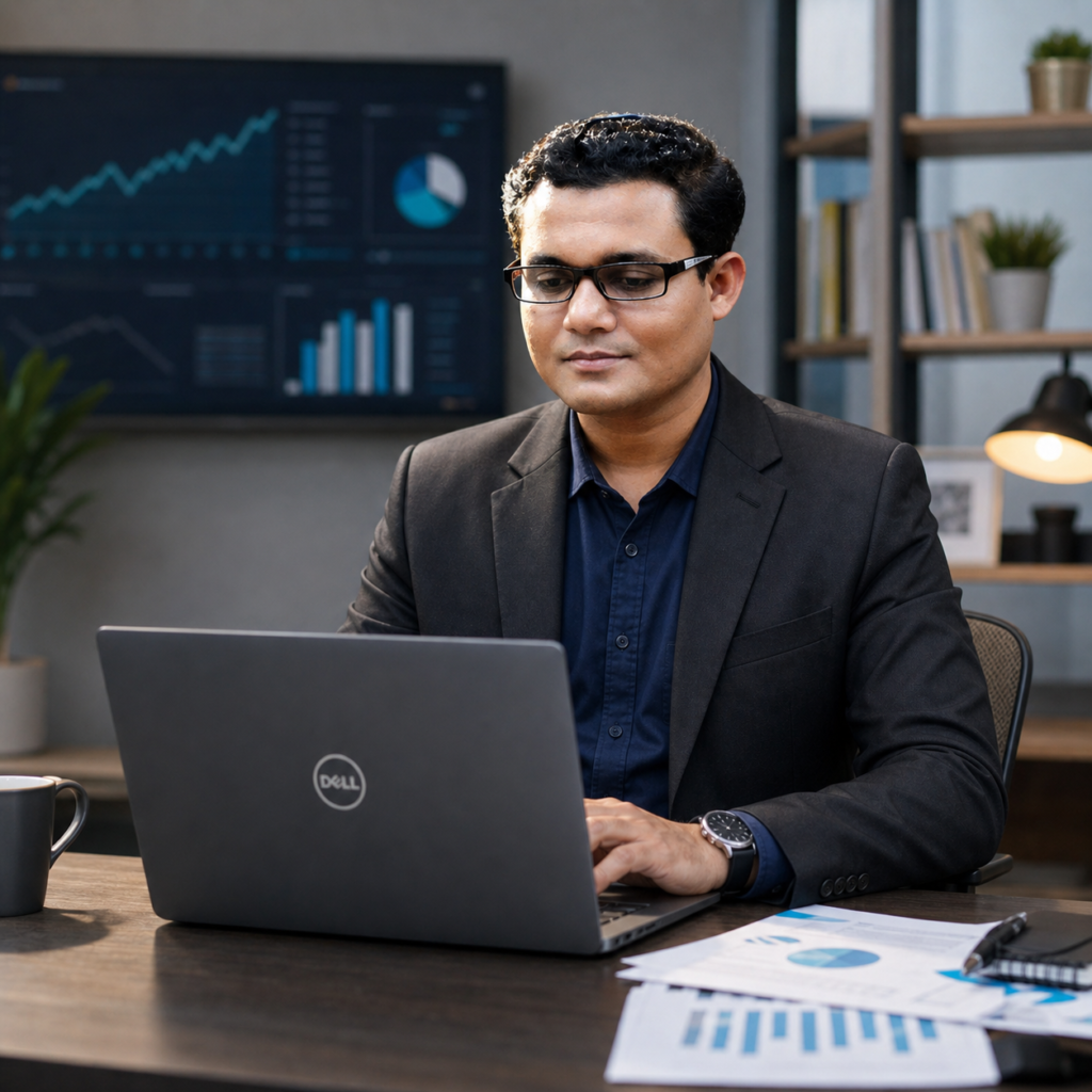 S. M. Maniruzzman using a laptop for online business and marketing work