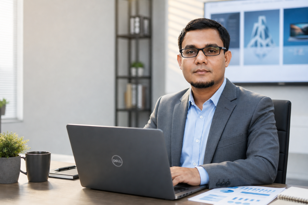 S. M. Maniruzzman working on a laptop for digital marketing projects
