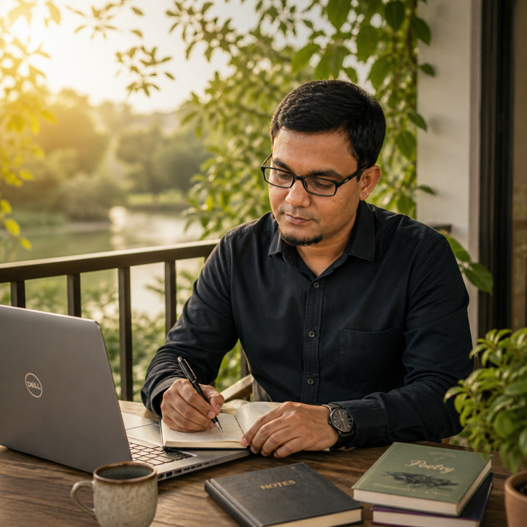 S. M. Maniruzzman reflecting and writing on a balcony with a laptop, notebook, and greenery