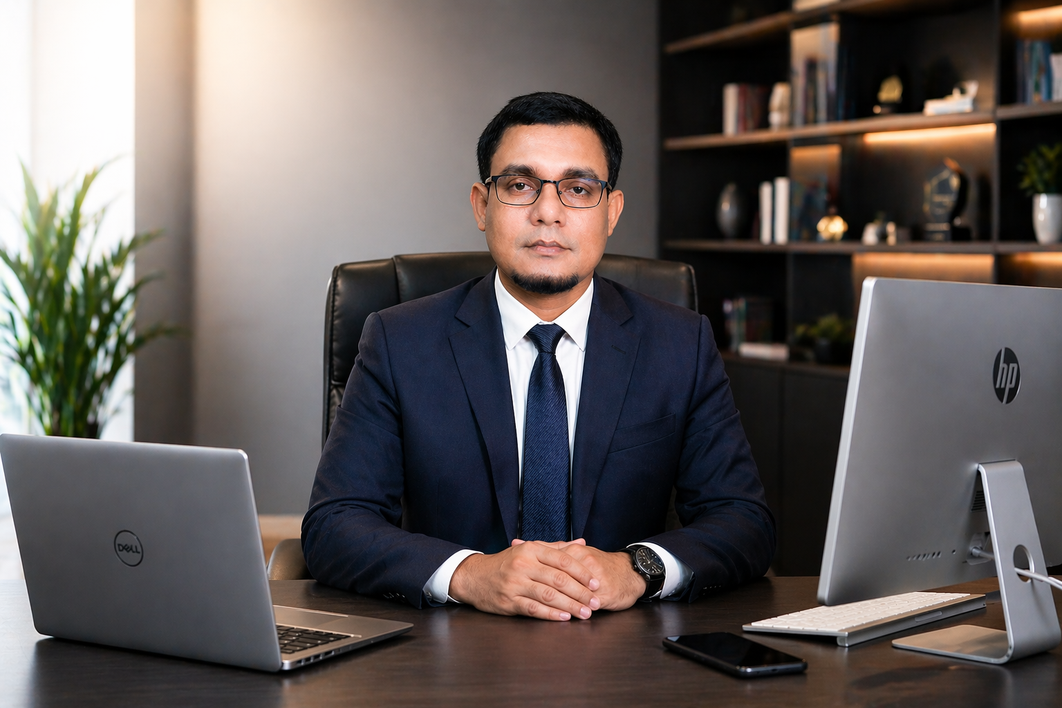 S. M. Maniruzzman working on digital marketing strategy using a laptop & Desktop Computer in a office room