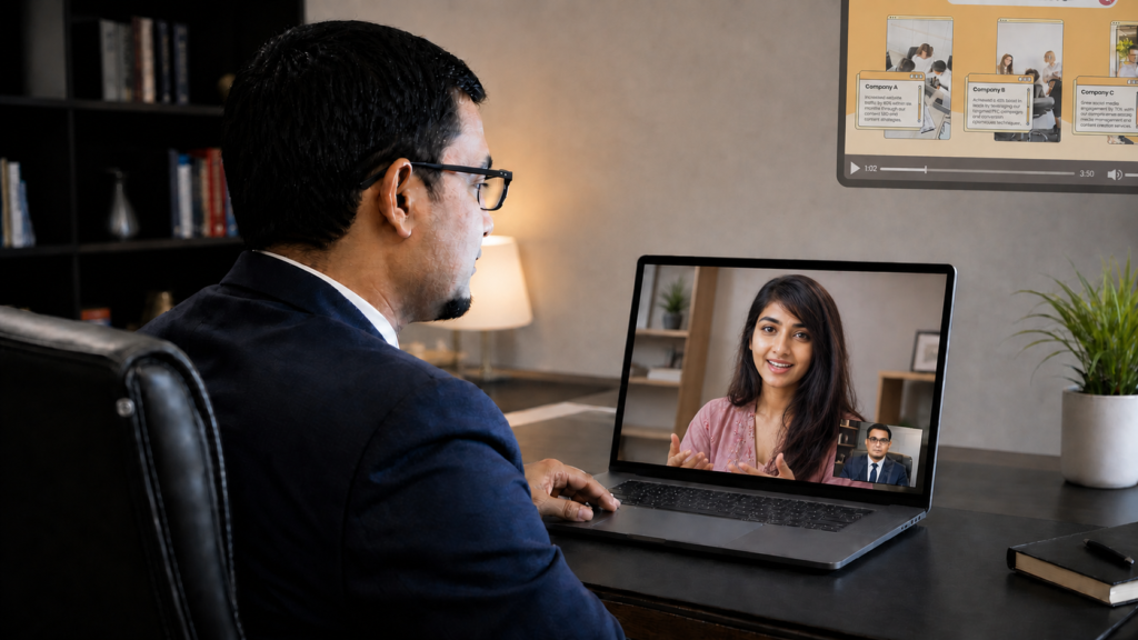 S. M. Maniruzzman in a video meeting with a client using a laptop workspace